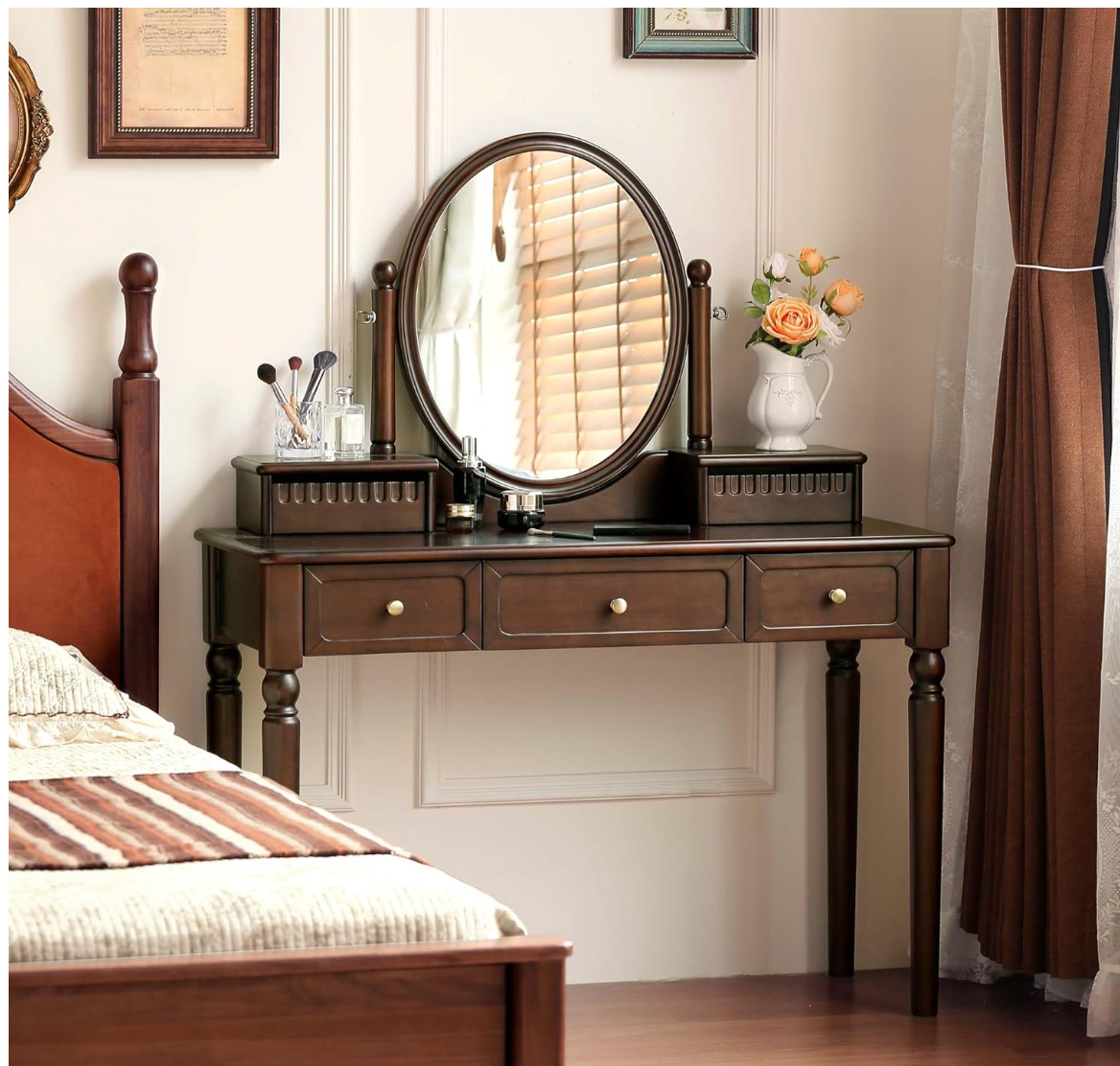 Black Walnut, Catalpa Solid Wood American Vanity Desk with Oval Mirror and Turned Legs