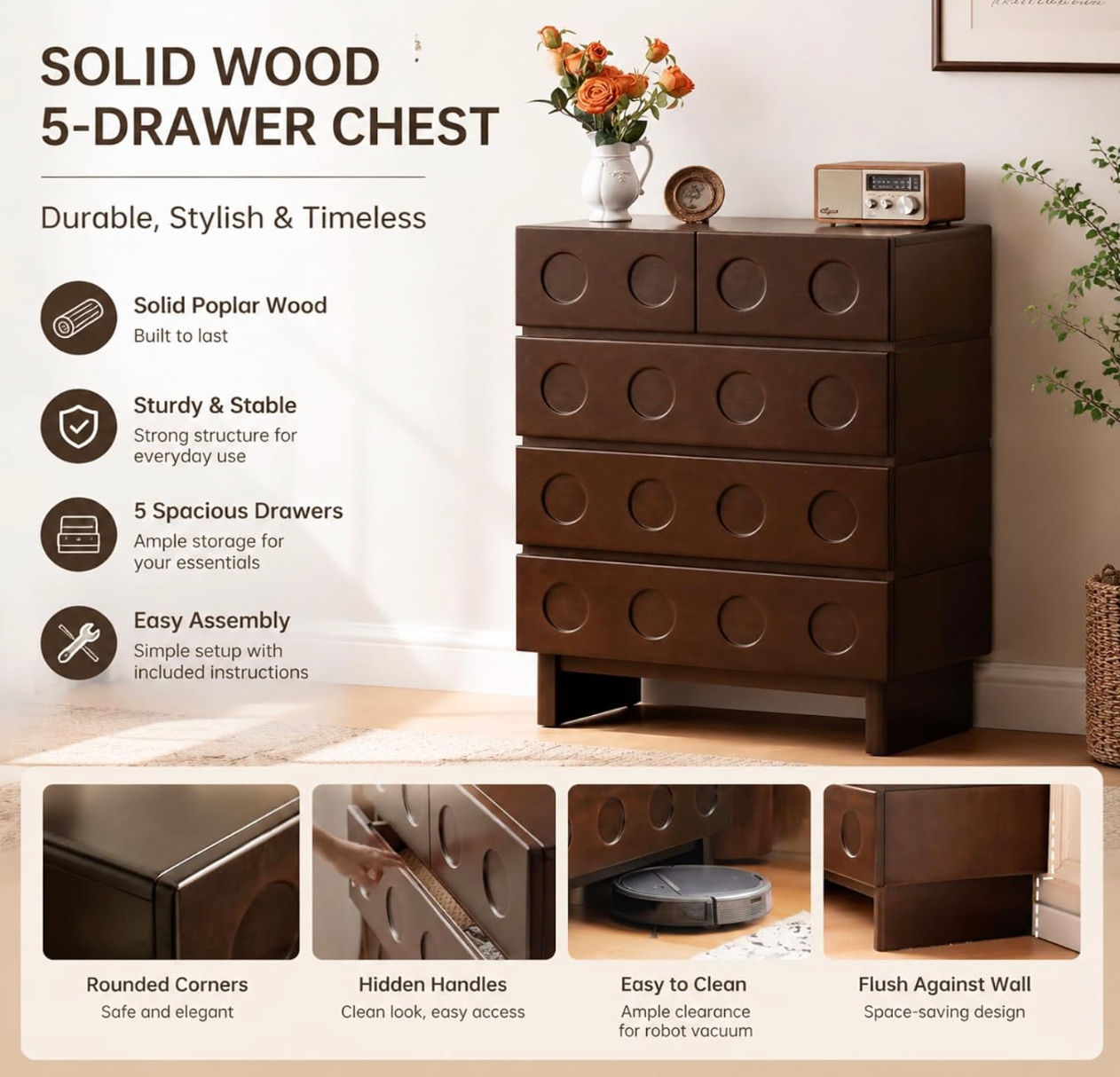 Solid Poplar French Vintage 5-Drawer Chest with Carved Round Pulls