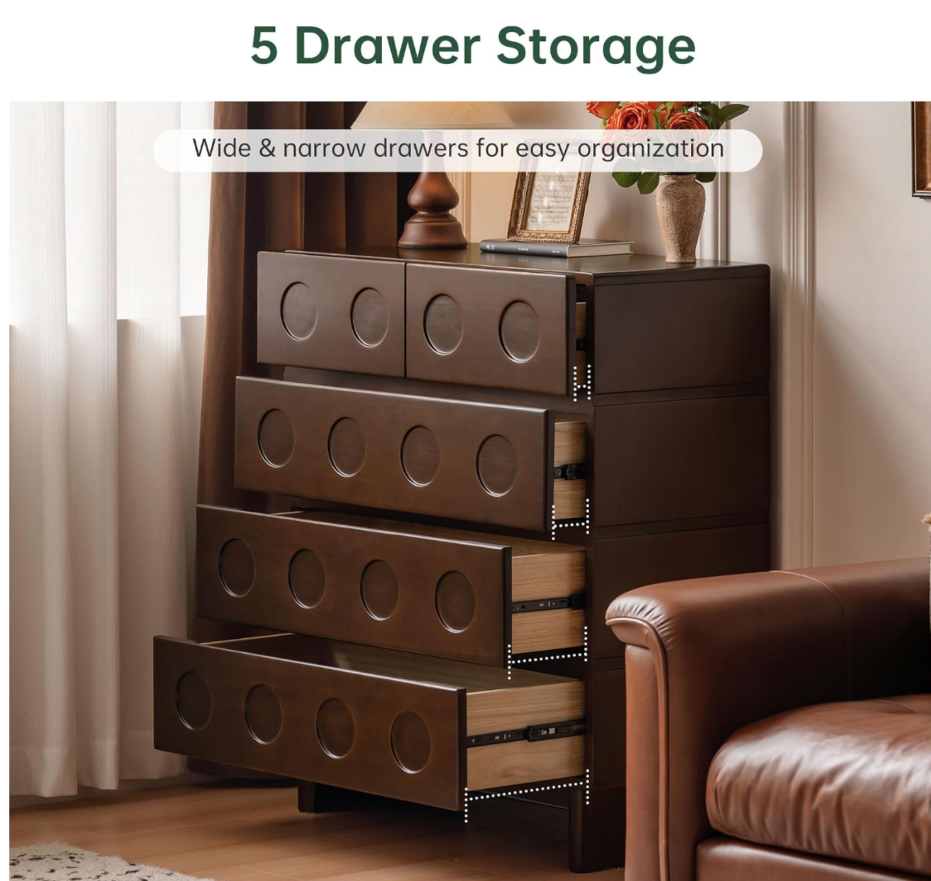 Solid Poplar French Vintage 5-Drawer Chest with Carved Round Pulls