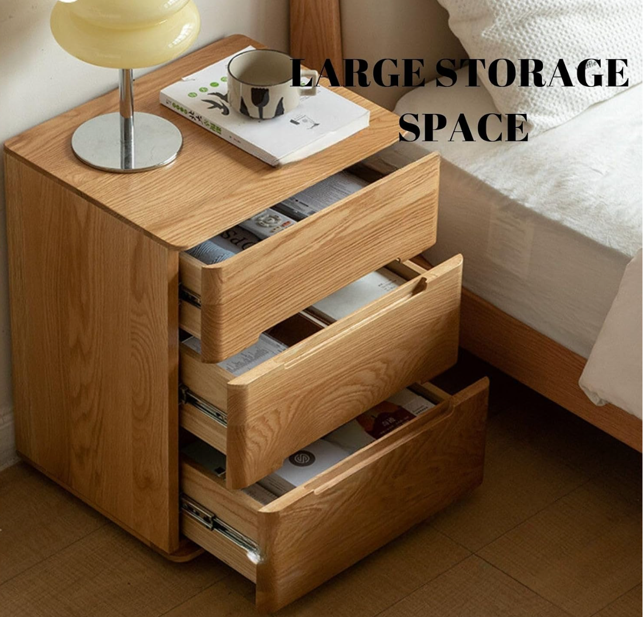 Oak Solid Wood 3-Drawer Nightstand with Groove Handles and Rounded Corners