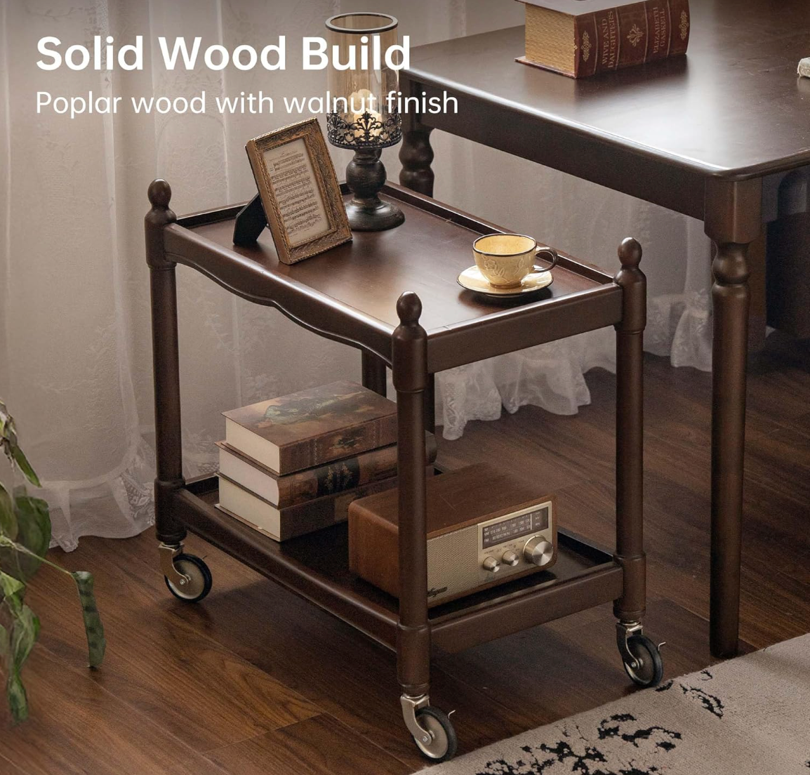 Poplar Solid Wood Vintage Solid Wood Bar Cart with Turned Spindle Legs and Casters