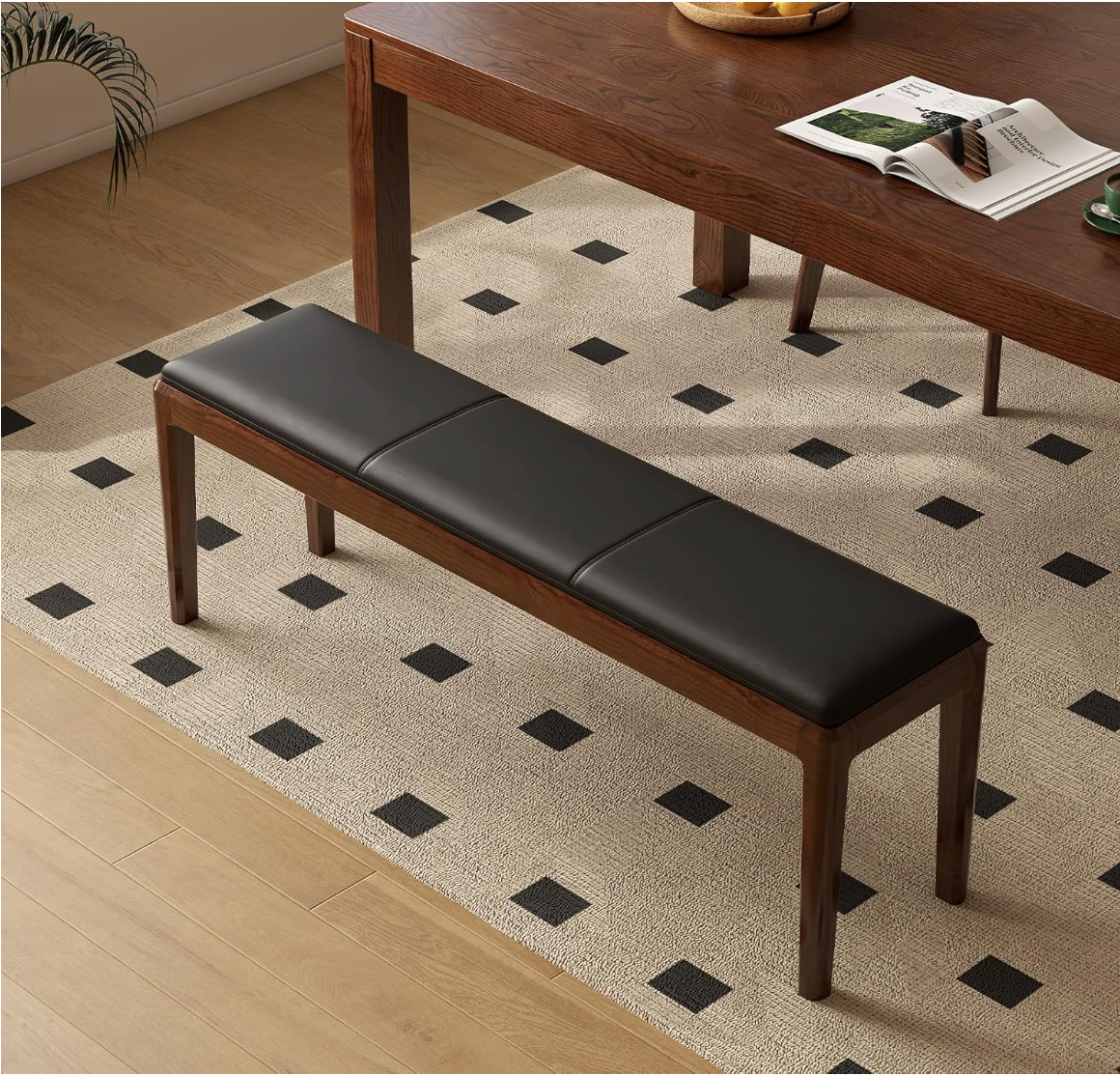 Oak, Rubberwood Solid Wood Leather Channel Tufted Bench