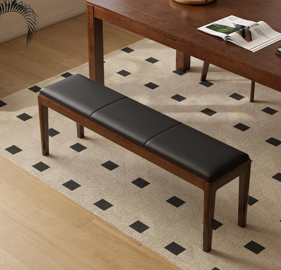 Oak, Rubberwood Solid Wood Leather Channel Tufted Bench