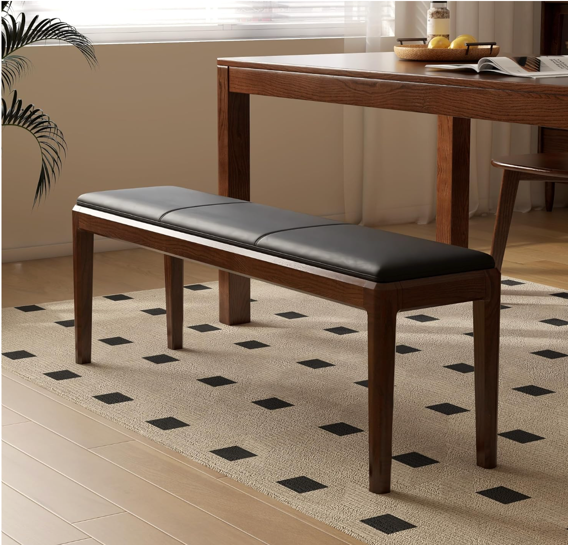 Oak, Rubberwood Solid Wood Leather Channel Tufted Bench