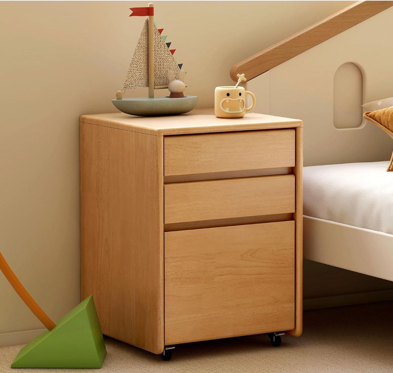 Rubberwood Solid Wood 3-Drawer Mobile File Pedestal Cabinet with Casters