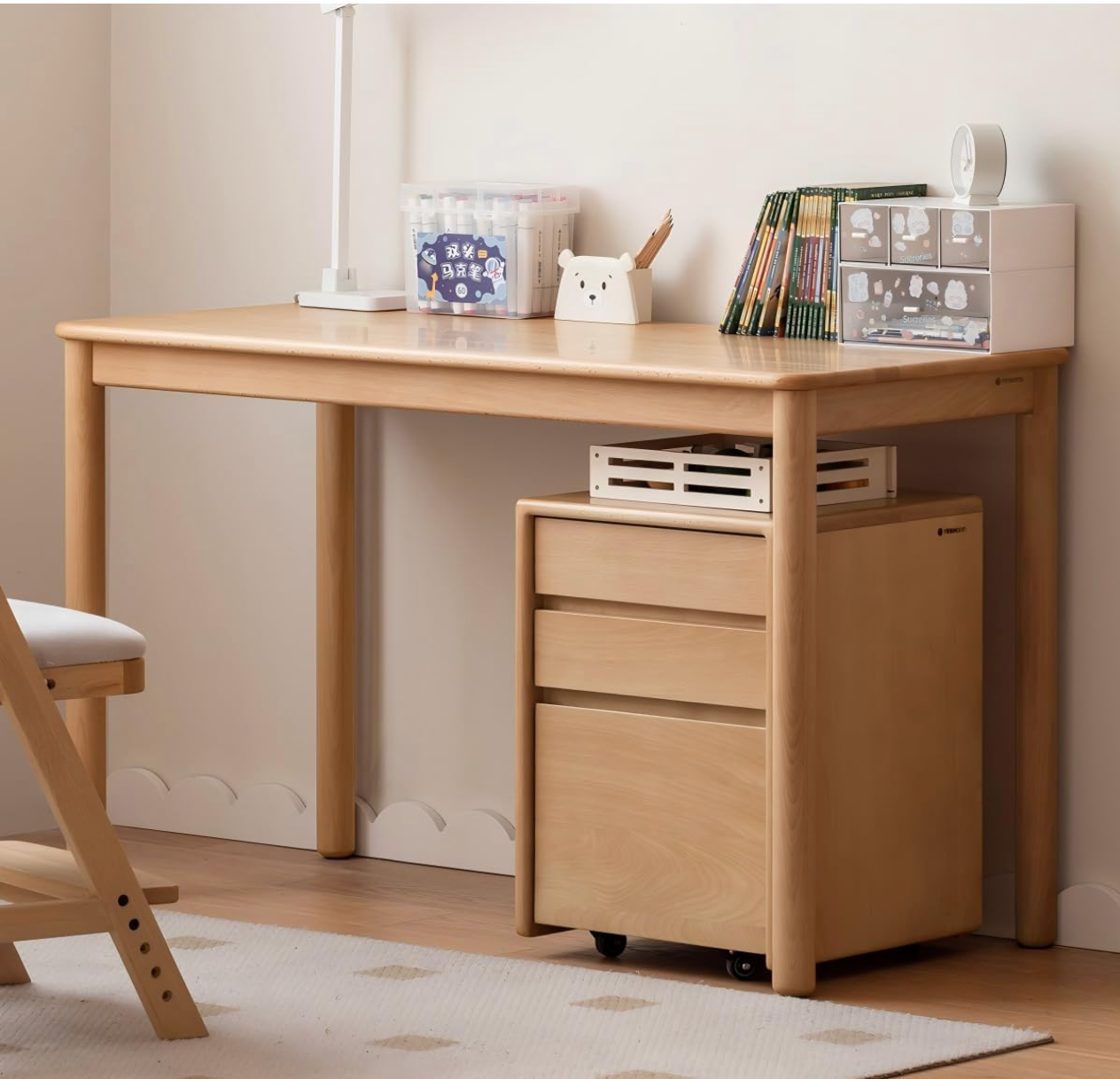 Rubberwood Solid Wood 3-Drawer Mobile File Pedestal Cabinet with Casters