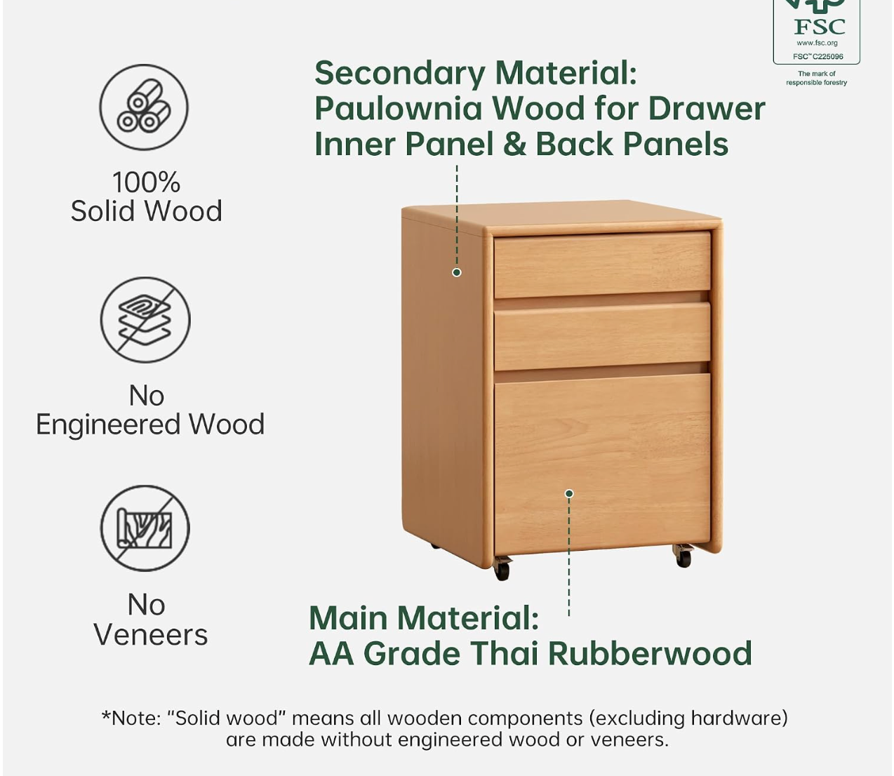 Rubberwood Solid Wood 3-Drawer Mobile File Pedestal Cabinet with Casters
