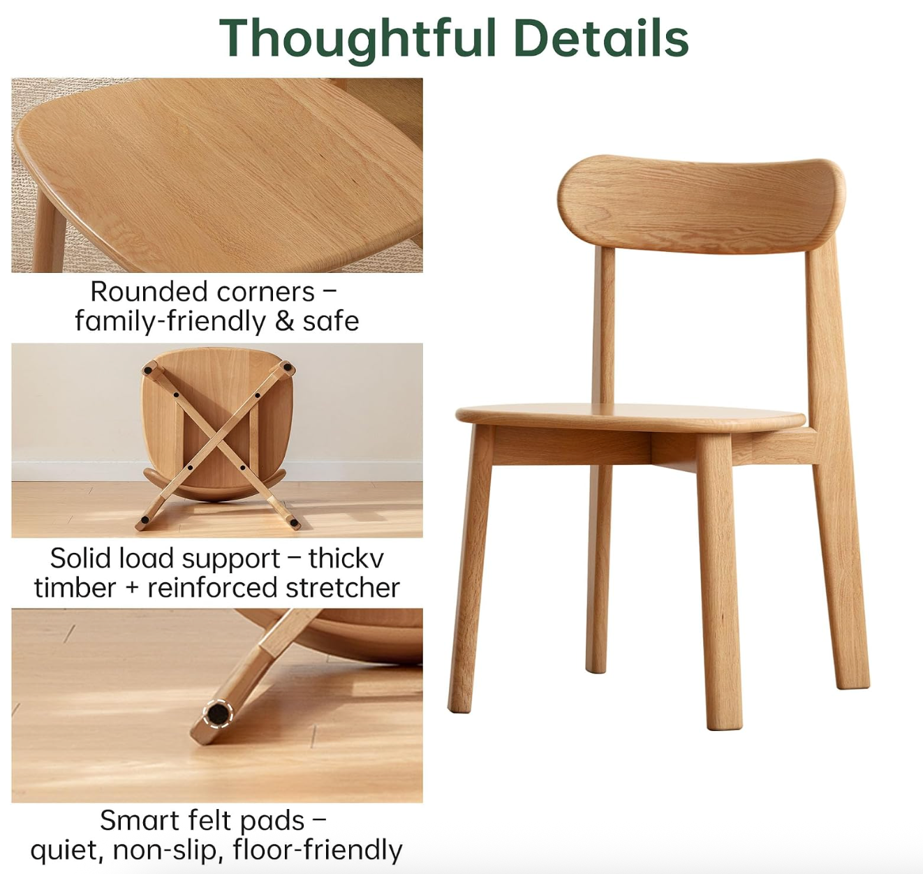 Oak Solid Wood Kitchen Chairs with Curved Backrest