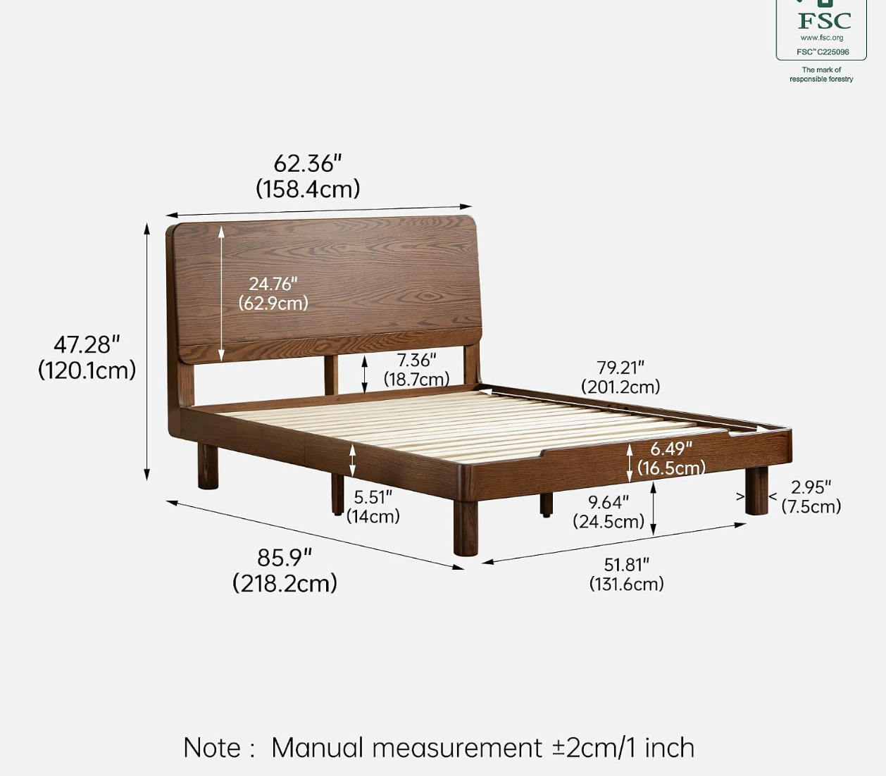 Oak Solid Wood Queen Floating Platform Bed with LED Lighting