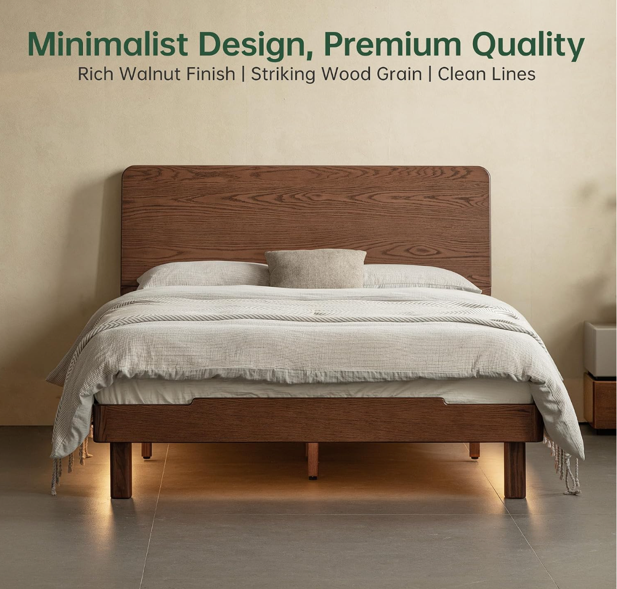 Oak Solid Wood Queen Floating Platform Bed with LED Lighting
