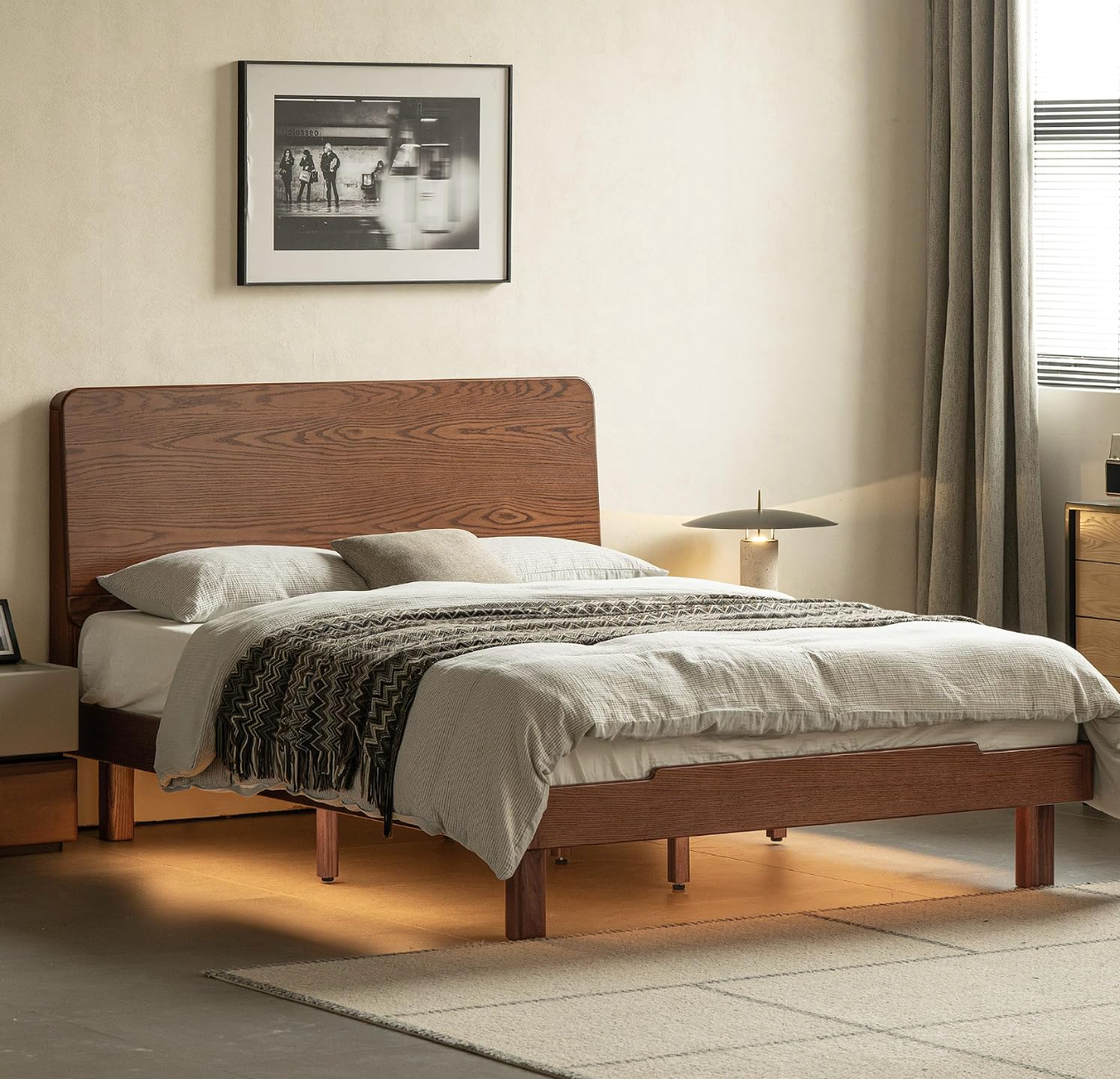 Oak Solid Wood Queen Floating Platform Bed with LED Lighting