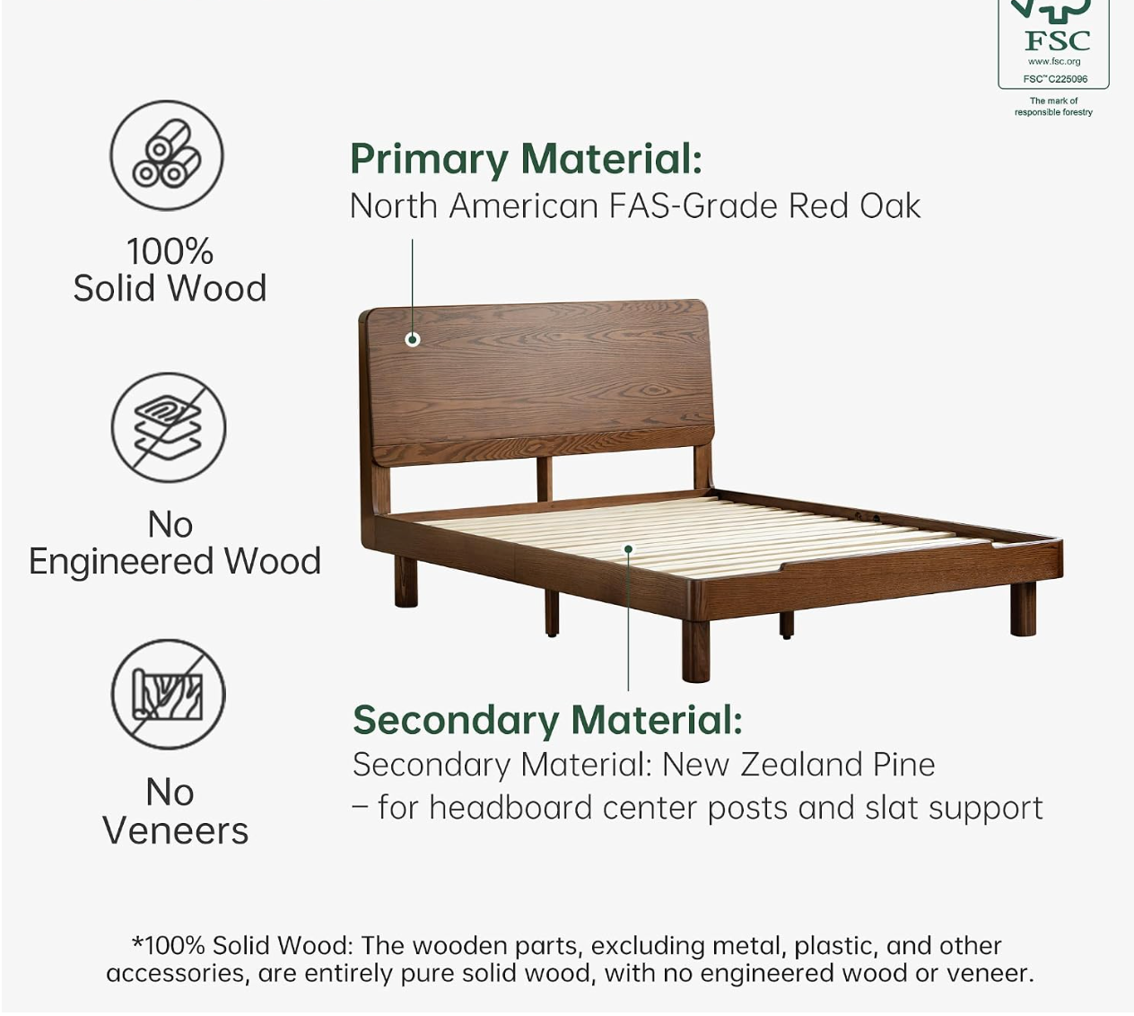 Oak Solid Wood Queen Floating Platform Bed with LED Lighting