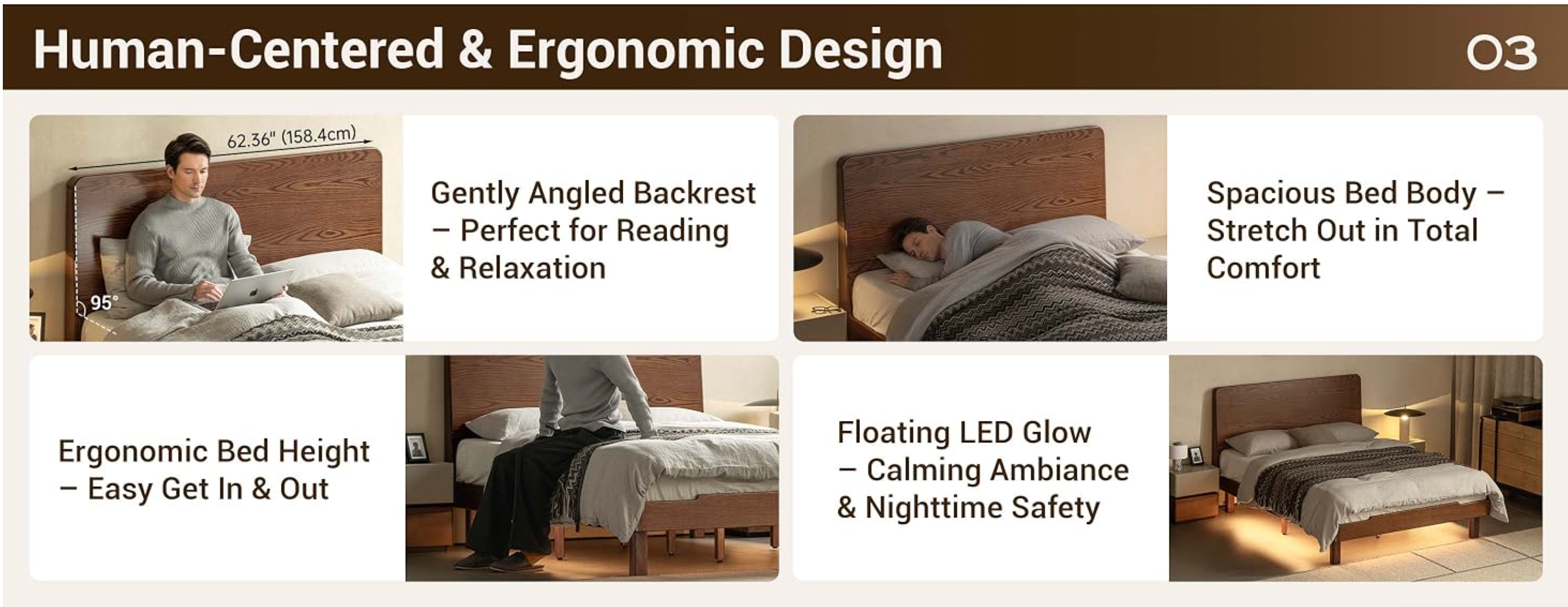 Oak Solid Wood Queen Floating Platform Bed with LED Lighting