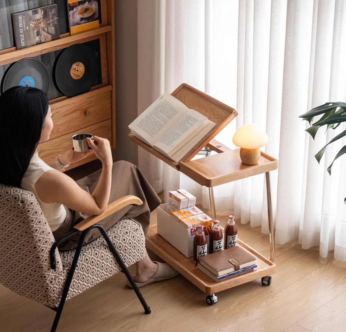 Oak, Poplar Solid Wood Mobile Side Table