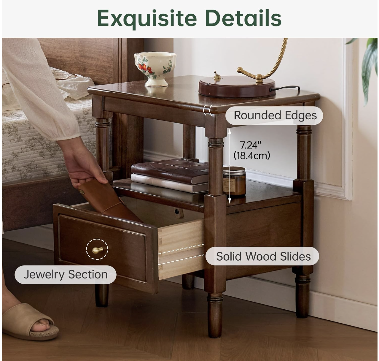 Solid RubberWood, Poplar Nightstand with Reeded Glass Door and Turned Legs