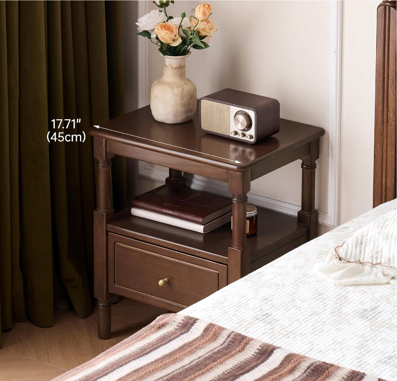 Solid RubberWood, Poplar Nightstand with Reeded Glass Door and Turned Legs