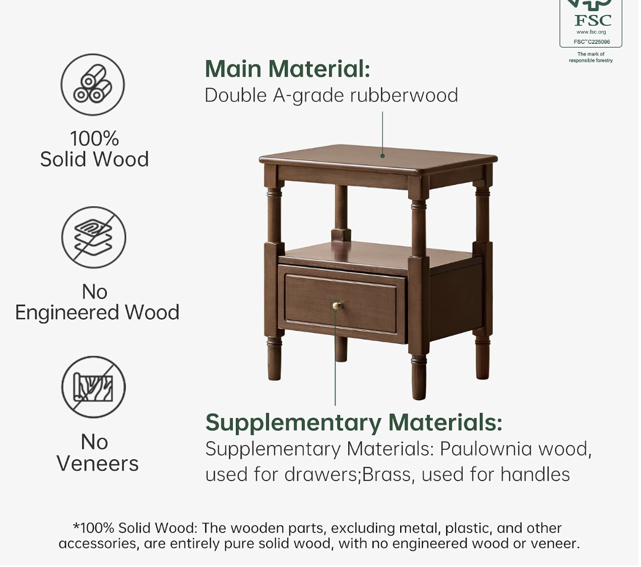 Solid RubberWood, Poplar Nightstand with Reeded Glass Door and Turned Legs