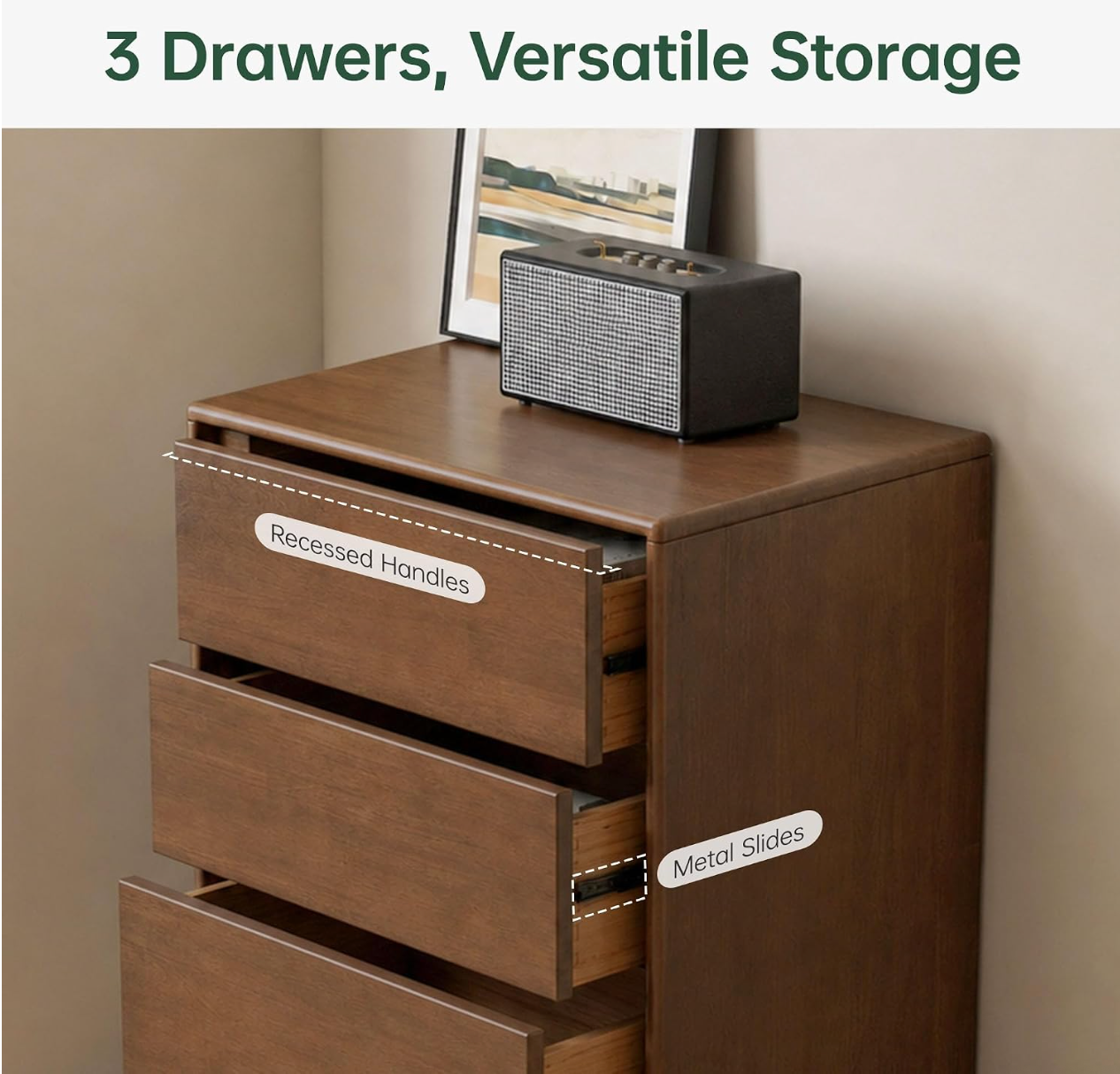 Black Walnut, Solid Rubberwood Wood Tall Accent Cabinet with Sliding Glass Door and Drawers