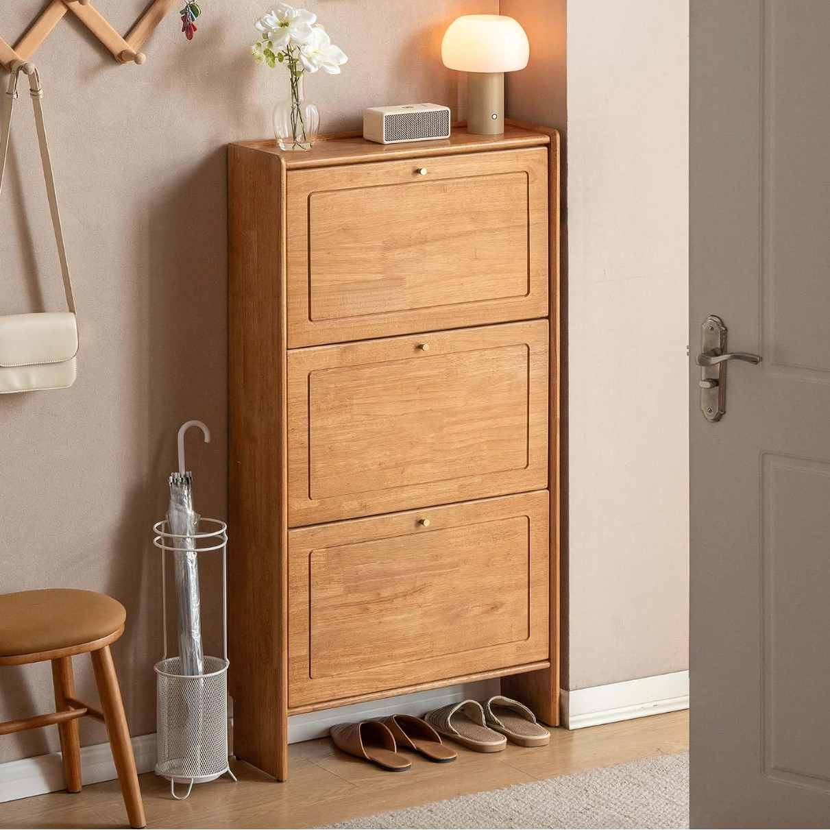 Rubberwood Solid Wood Shoe Cabinet with Space Saving Flip Storage