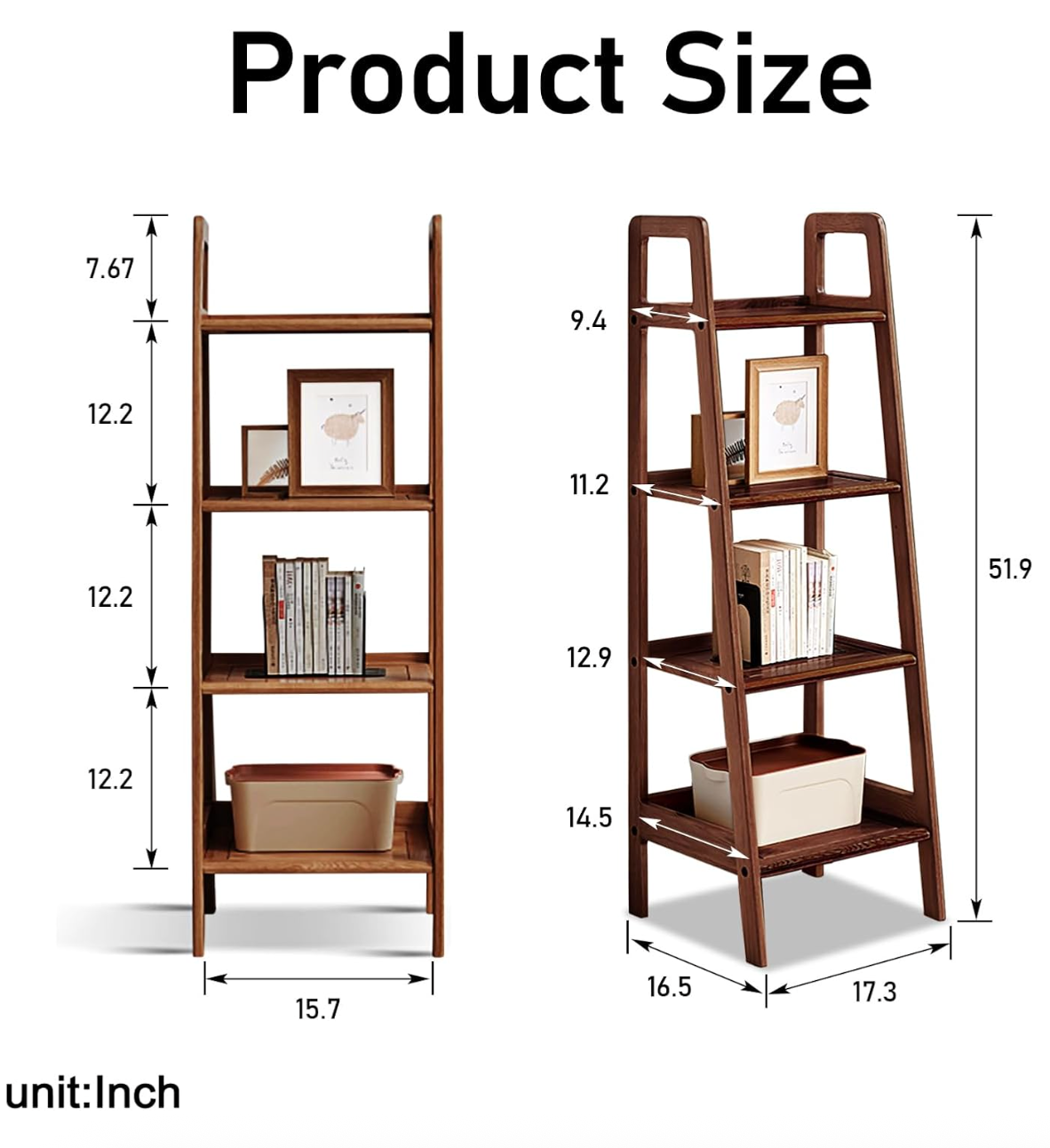 Black Walnut, Oak Solid Wood Trapezoidal Three-Tier Bookshelf, Side Table