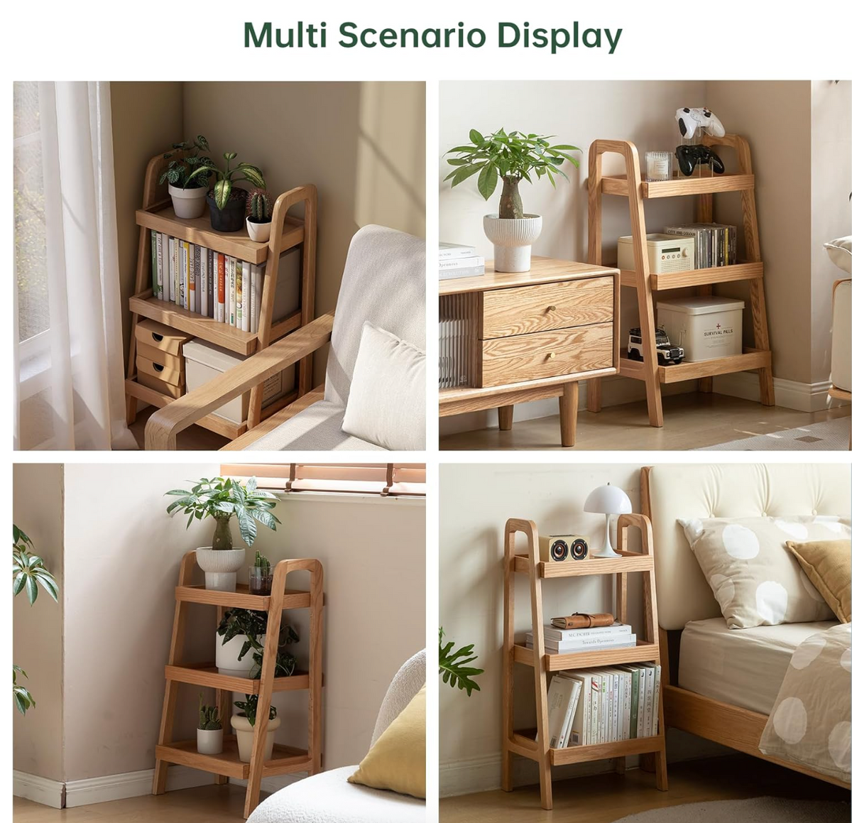 Black Walnut, Oak Solid Wood Trapezoidal Three-Tier Bookshelf, Side Table