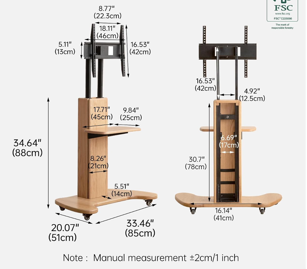 Oak Solid Wood TV Stand with Open Wall Rack and Mobile Cart Base