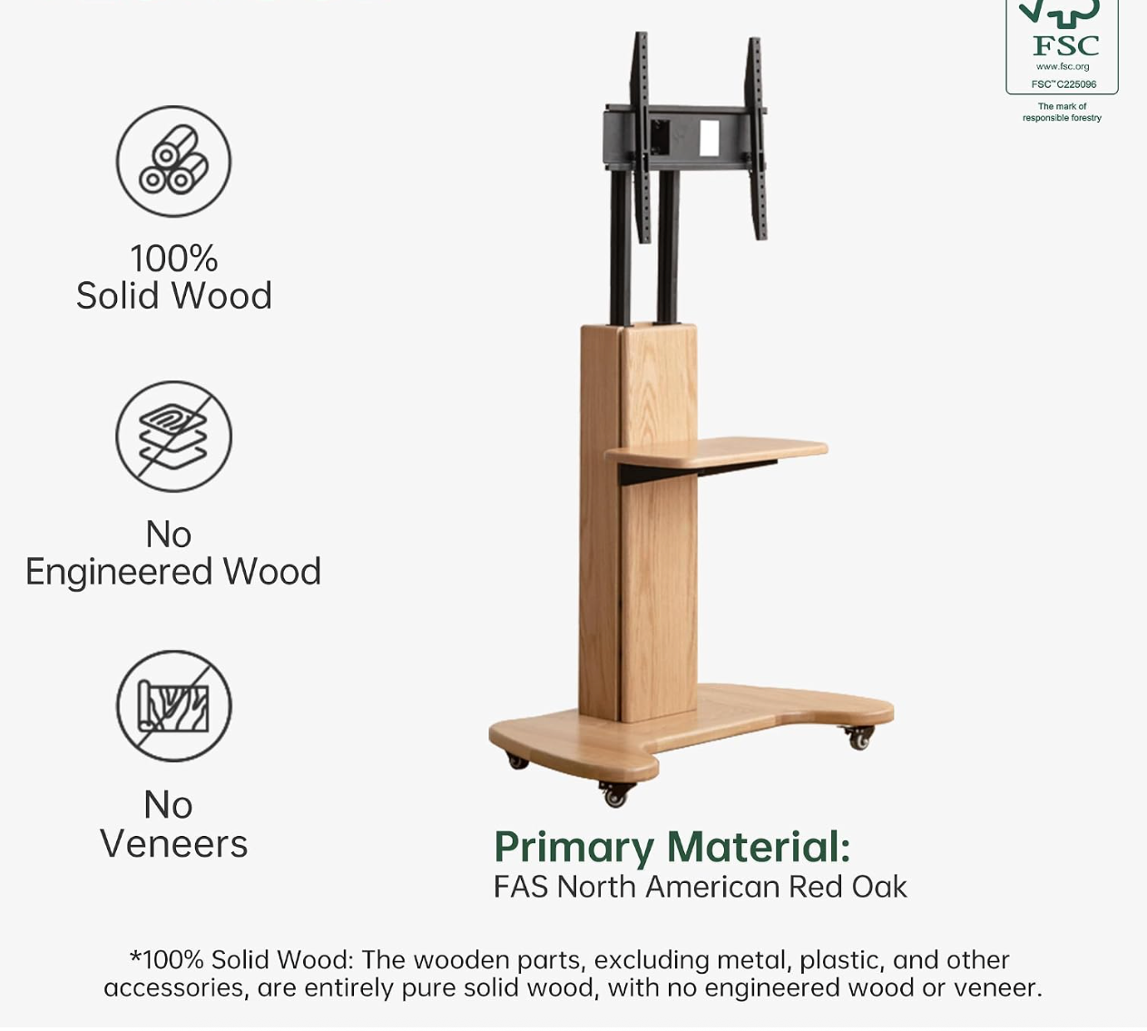 Oak Solid Wood TV Stand with Open Wall Rack and Mobile Cart Base