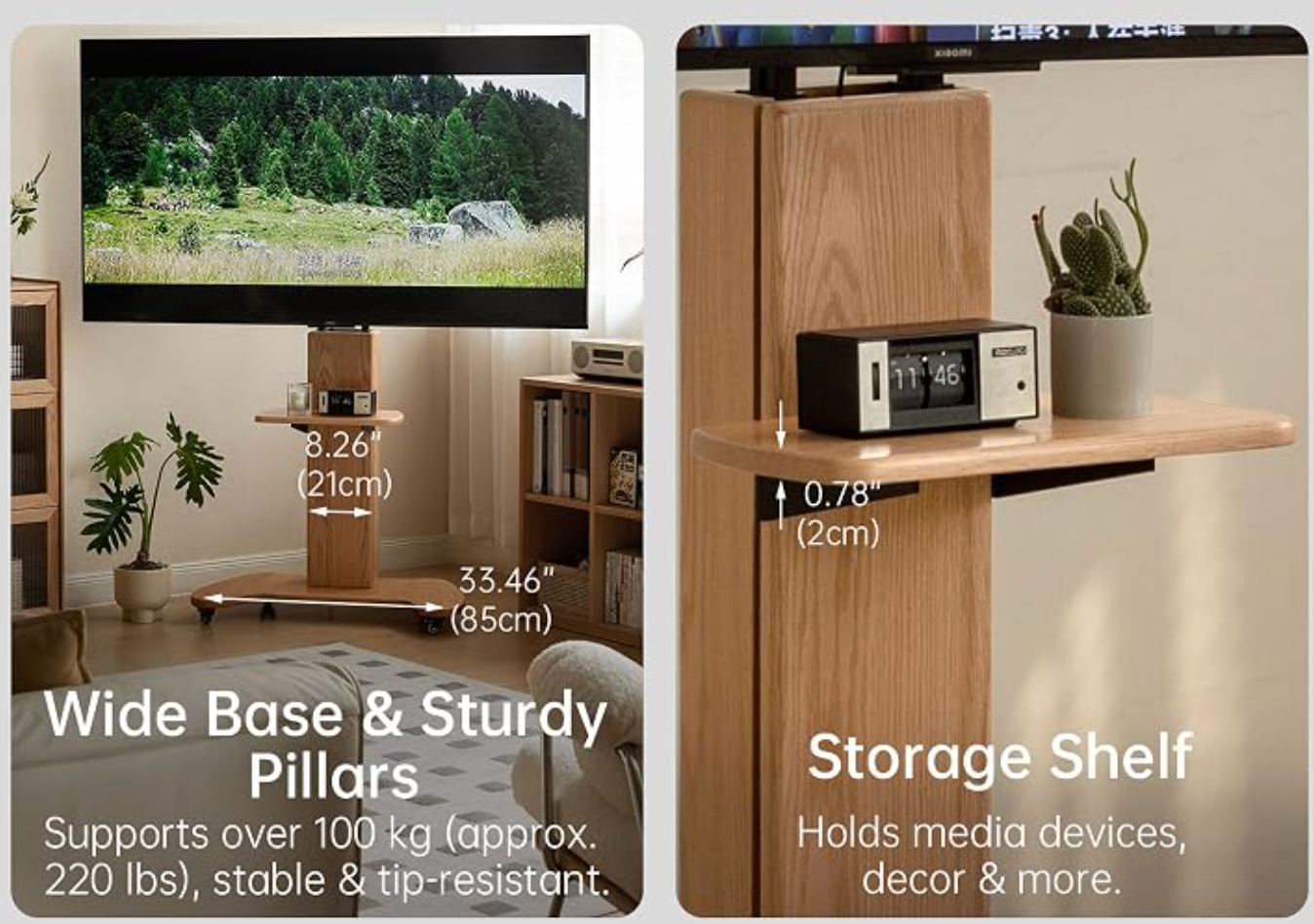 Oak Solid Wood TV Stand with Open Wall Rack and Mobile Cart Base