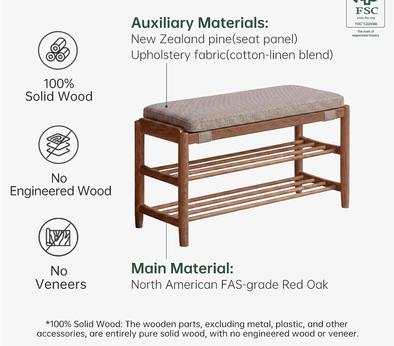 Beech, Oak Solid Wood Shoe Storage Bench
