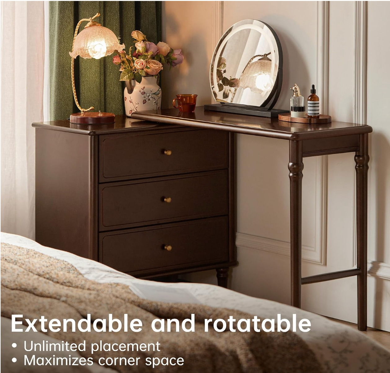 Black Walnut, Poplar Solid Wood Traditional Dresser with Attached Vanity Desk Extension and Turned Legs