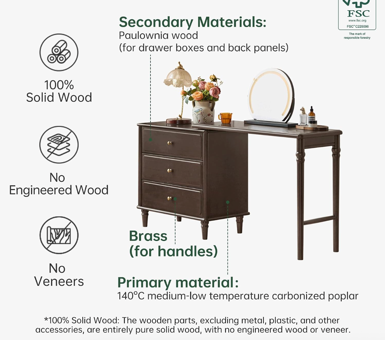 Black Walnut, Poplar Solid Wood Traditional Dresser with Attached Vanity Desk Extension and Turned Legs