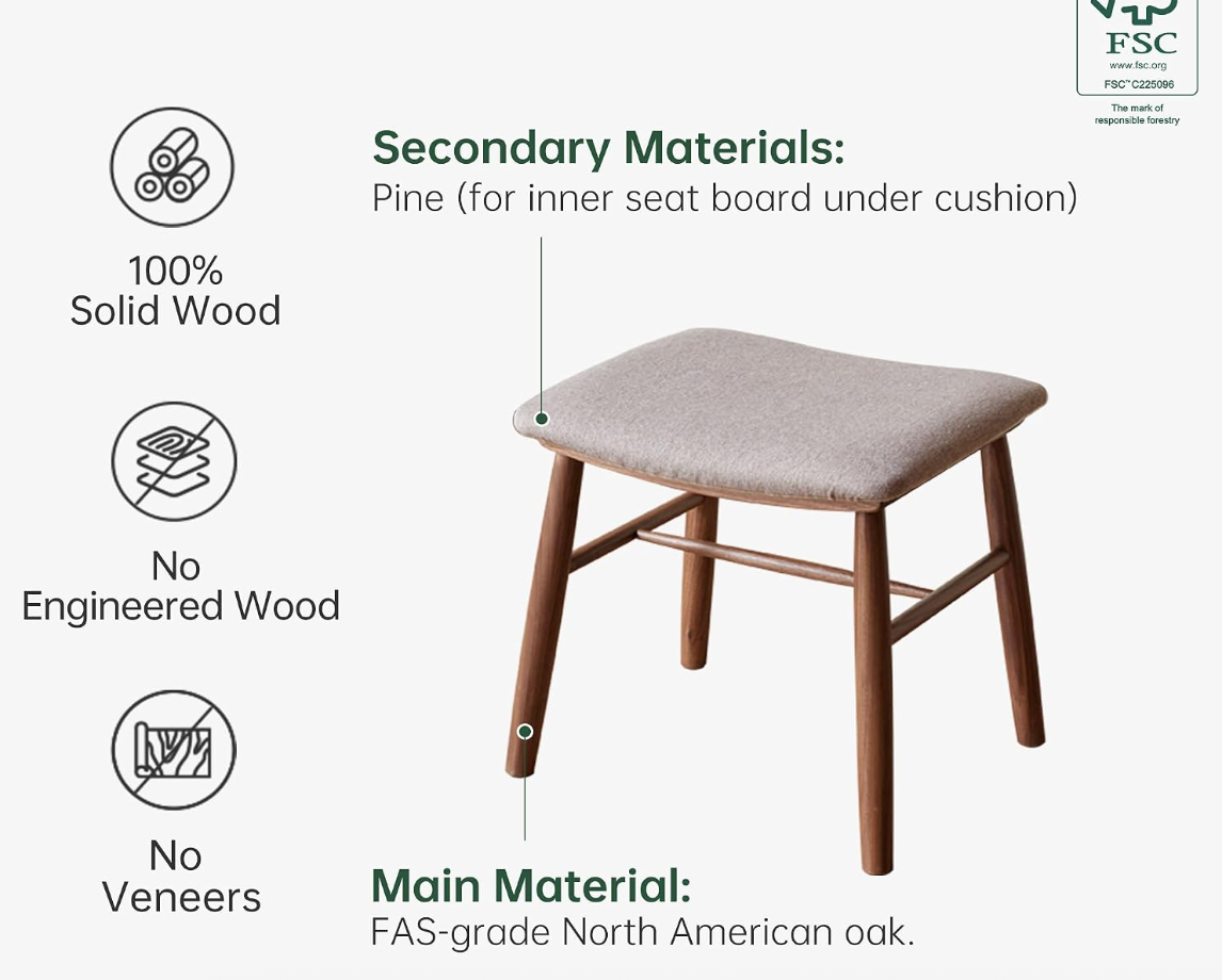 Black Walnut, Oak Solid Wood Vanity Stool with Curved Seat
