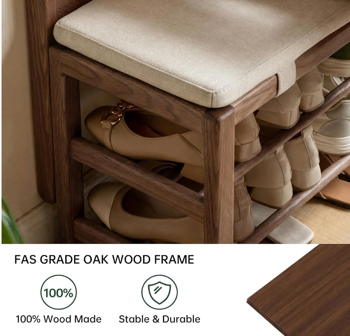 Oak Solid Wood Hall Tree with Upholstered Shoe Storage Bench