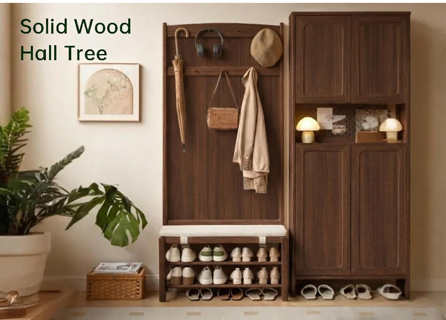 Oak Solid Wood Hall Tree with Upholstered Shoe Storage Bench