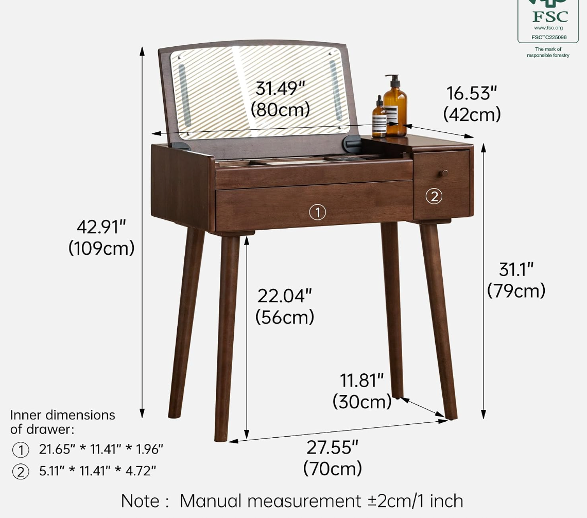 Solid RubberWood Vanity Table Mirror LED Touch Light