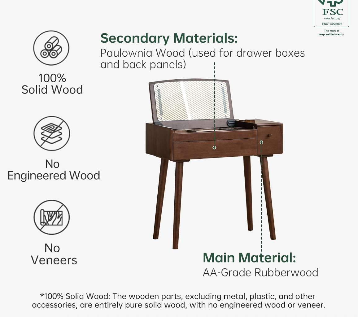 Solid RubberWood Vanity Table Mirror LED Touch Light