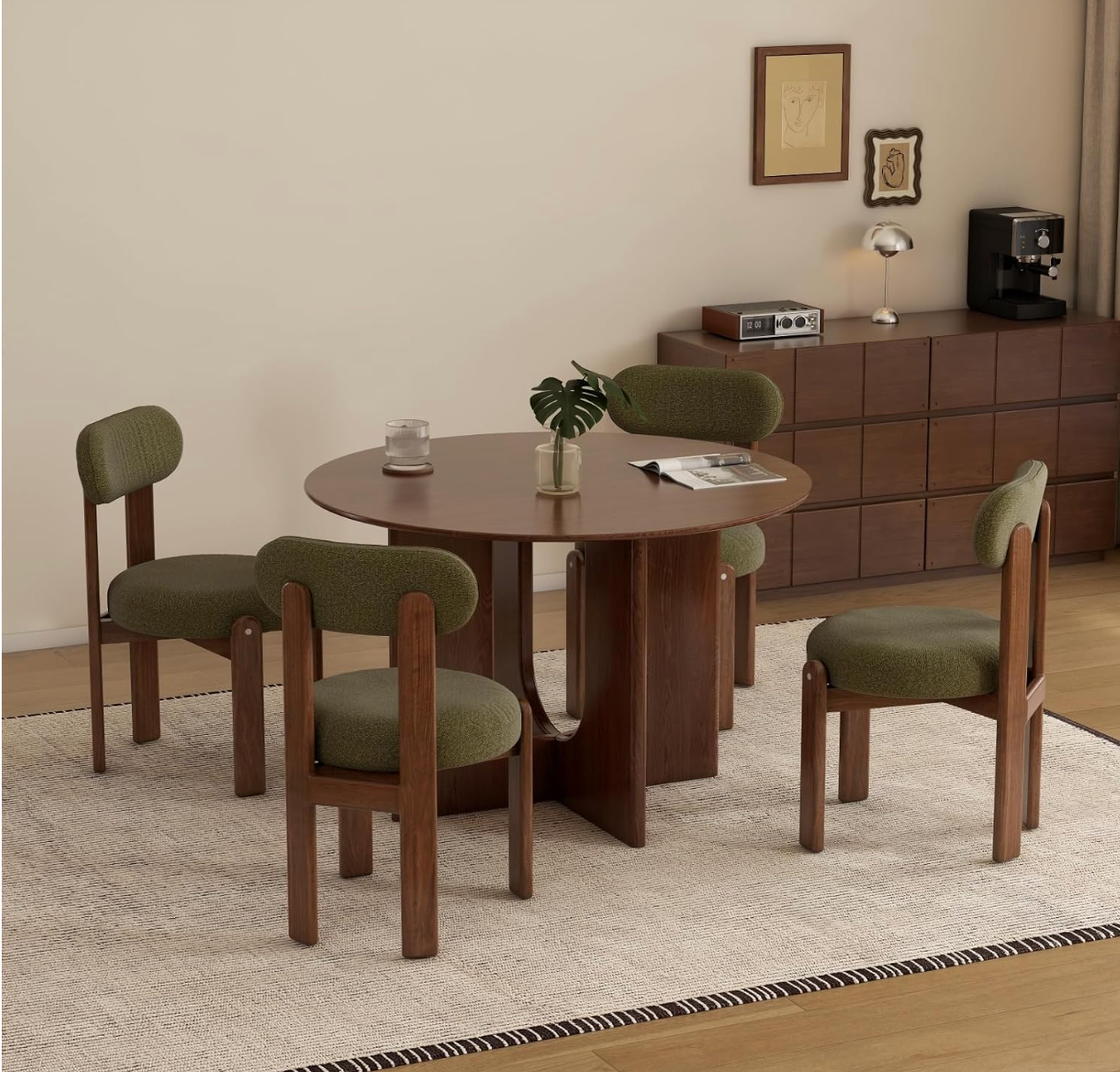 Ash Solid Wood Round Dining Table with Arched Hollow Pedestal Base
