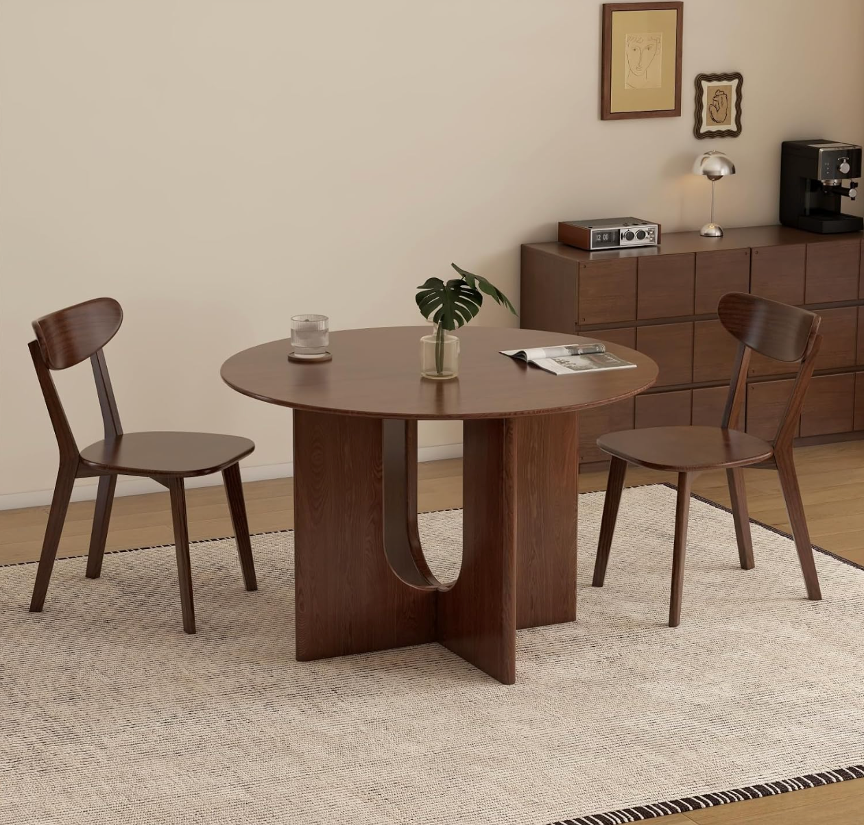 Ash Solid Wood Round Dining Table with Arched Hollow Pedestal Base