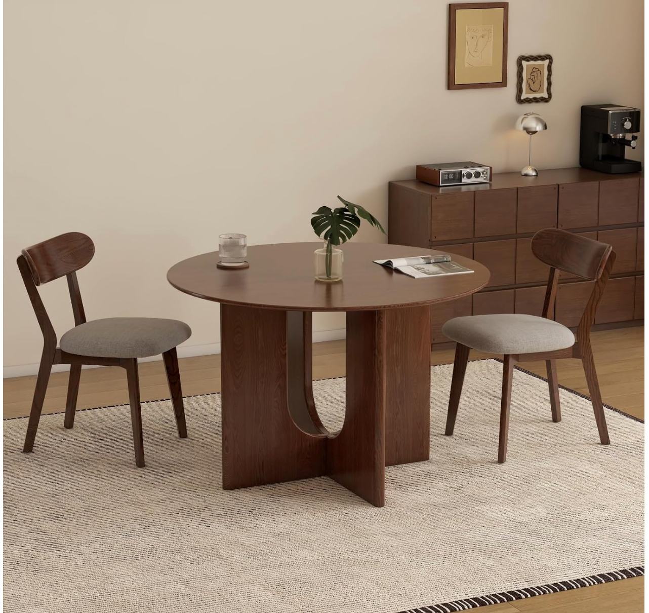 Ash Solid Wood Round Dining Table with Arched Hollow Pedestal Base
