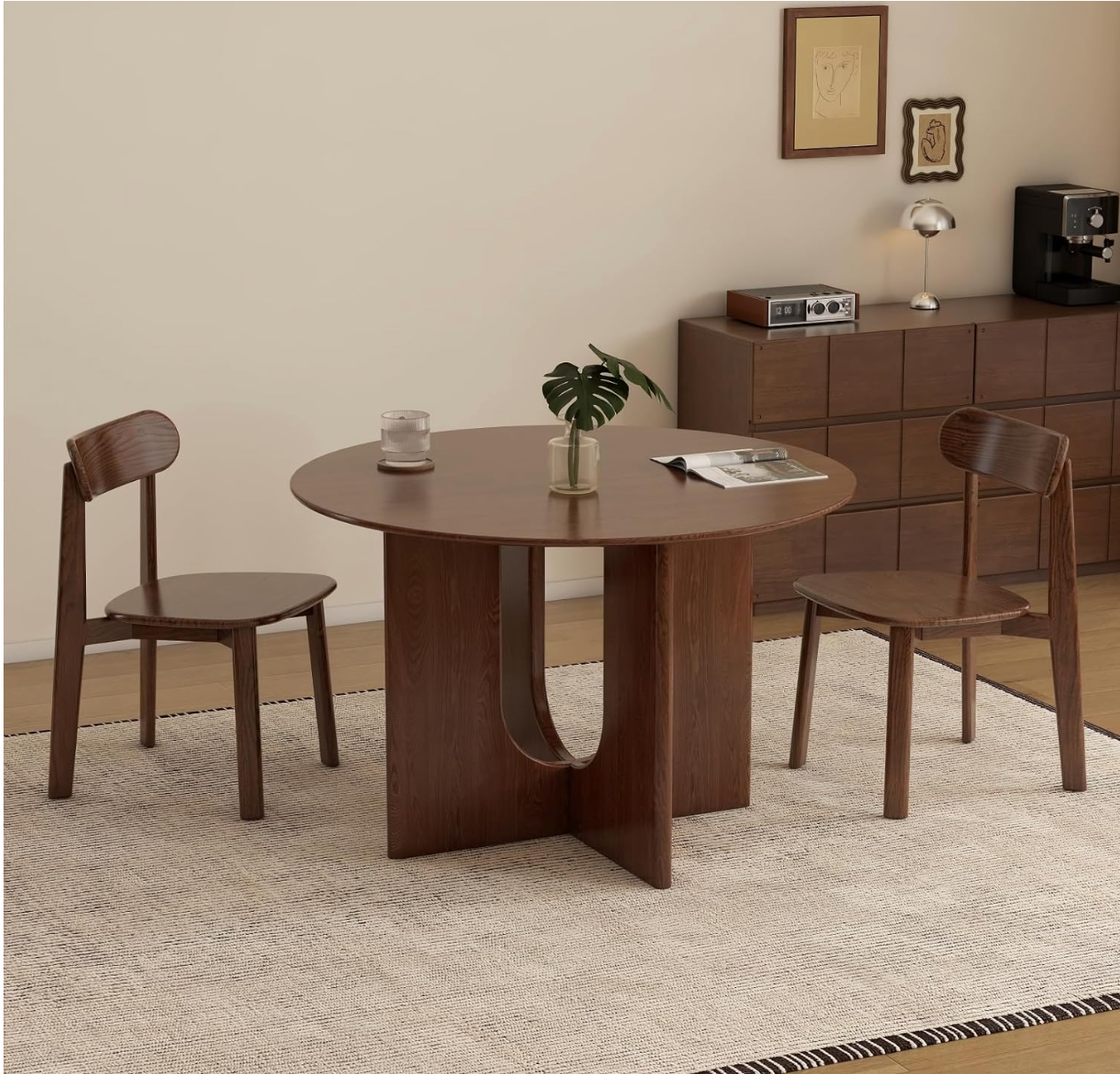 Ash Solid Wood Round Dining Table with Arched Hollow Pedestal Base