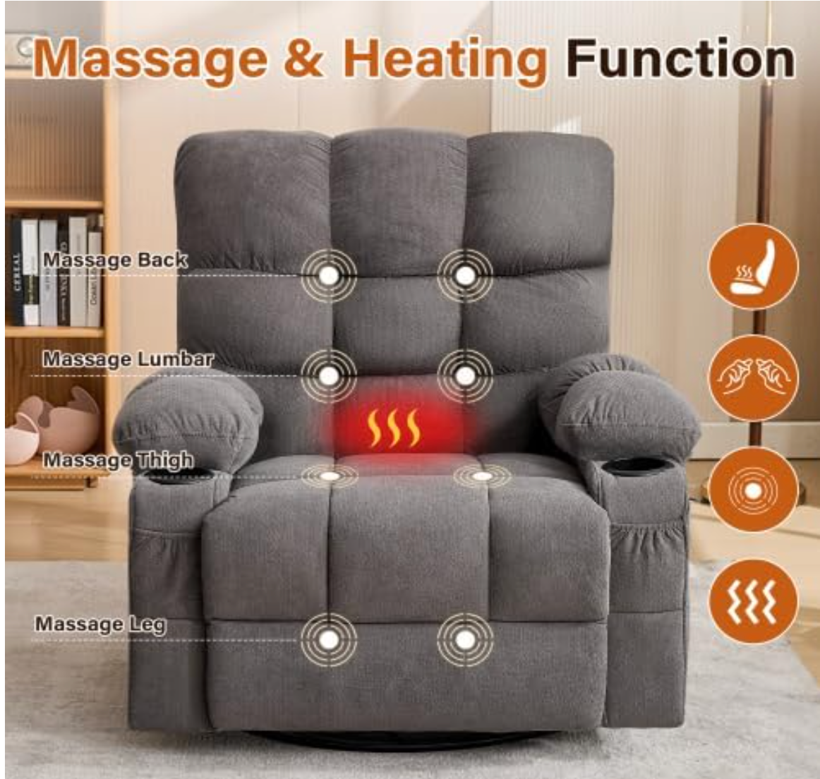 Electric Oversized Swivel Rocker Recliner with Massage and Heat