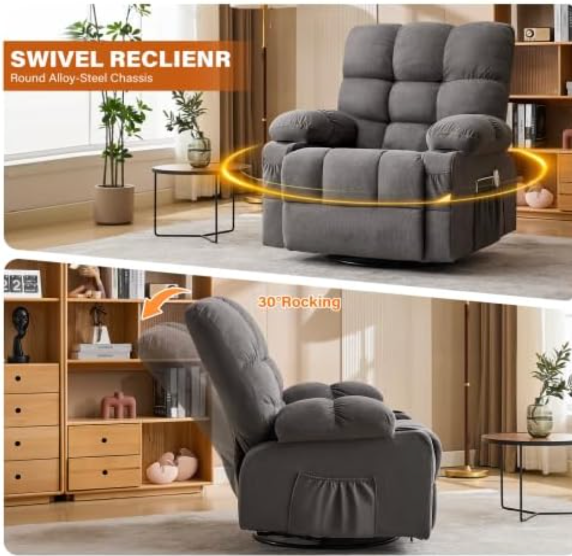 Electric Oversized Swivel Rocker Recliner with Massage and Heat
