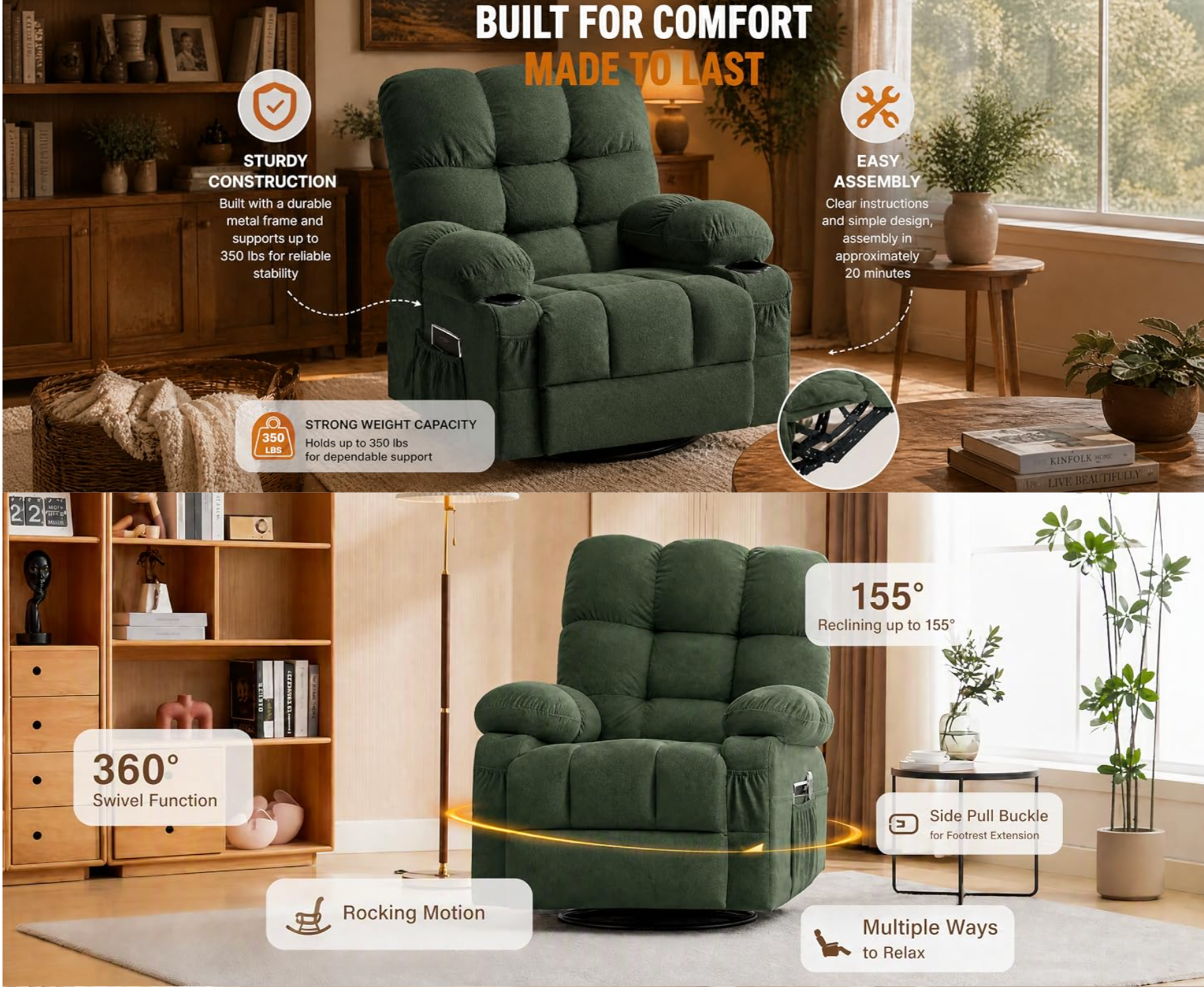 Electric Oversized Swivel Rocker Recliner with Massage and Heat