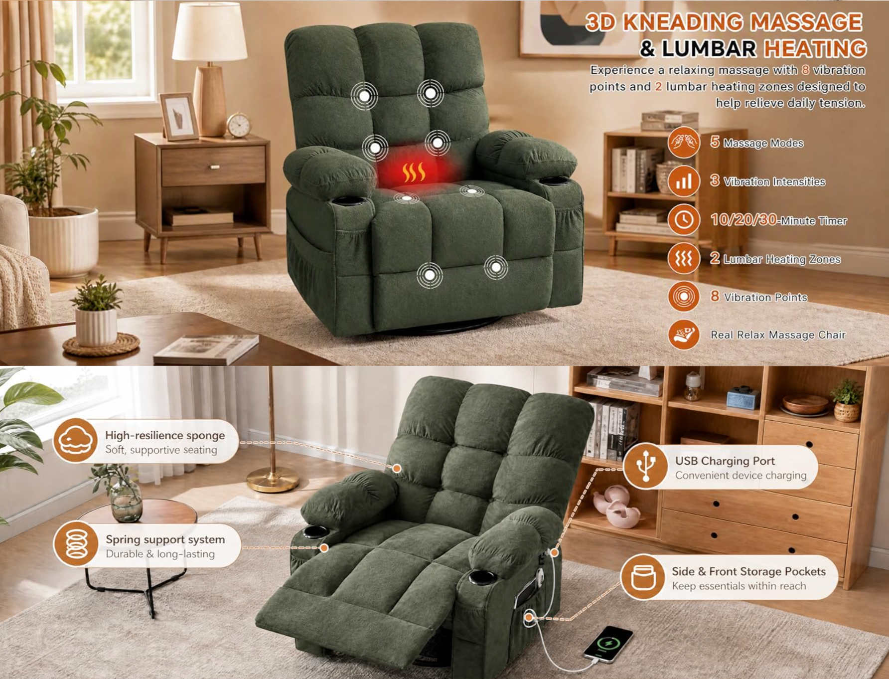 Electric Oversized Swivel Rocker Recliner with Massage and Heat