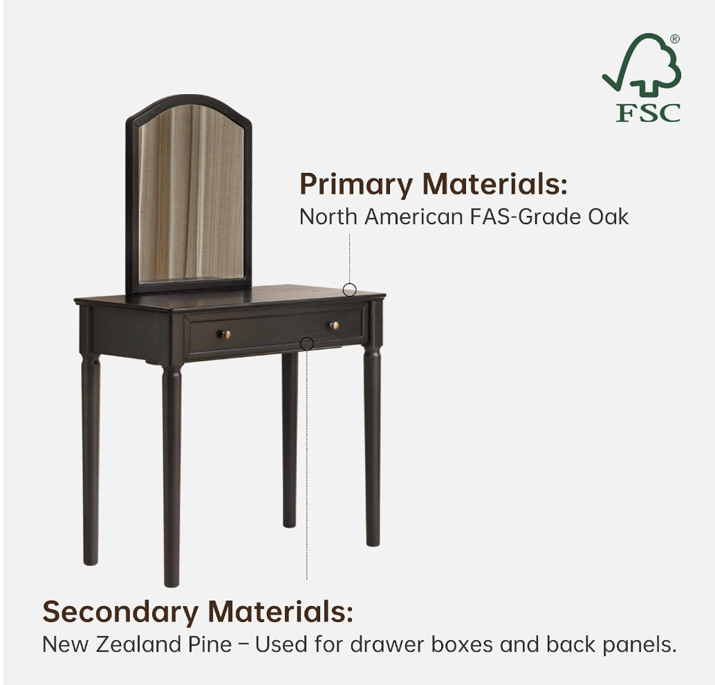 Oak Solid Wood Vanity Table Set with Arched Mirror