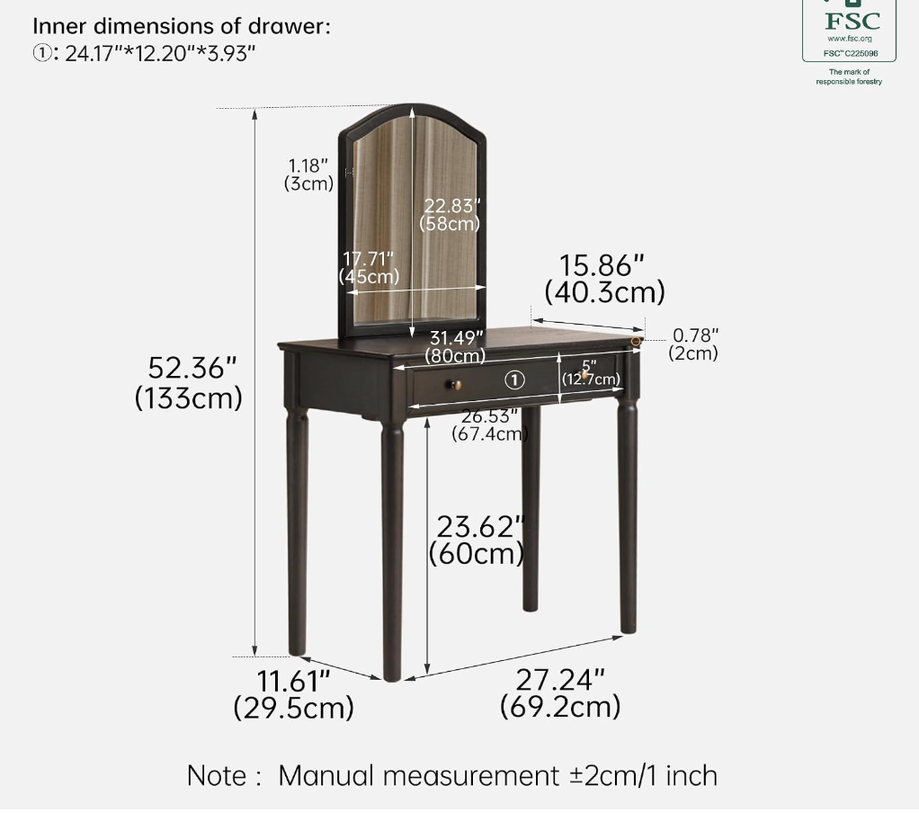 Oak Solid Wood Vanity Table Set with Arched Mirror