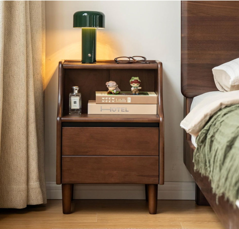 Oak Solid Wood, Solid RubberWood Nightstand with Glass Door with Storage