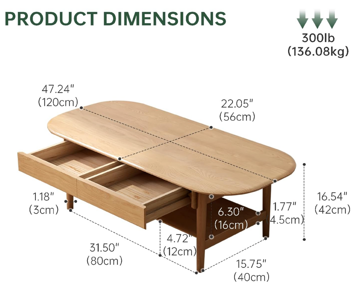 Oak Solid Wood Coffee Table with Integrated Drawer Storage