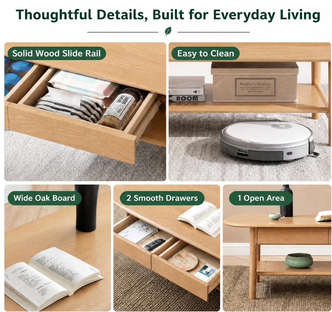 Oak Solid Wood Coffee Table with Integrated Drawer Storage