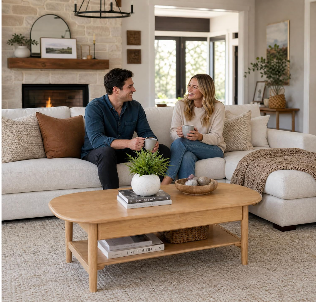 Oak Solid Wood Coffee Table with Integrated Drawer Storage